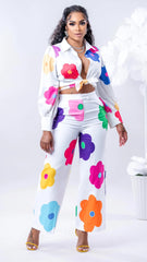 Colorfull Printed Flowers Blouse And Pants