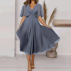 Casual Large Swing Dress with V-neck Waist Trimming