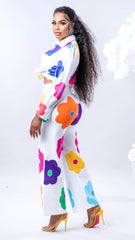 Colorfull Printed Flowers Blouse And Pants